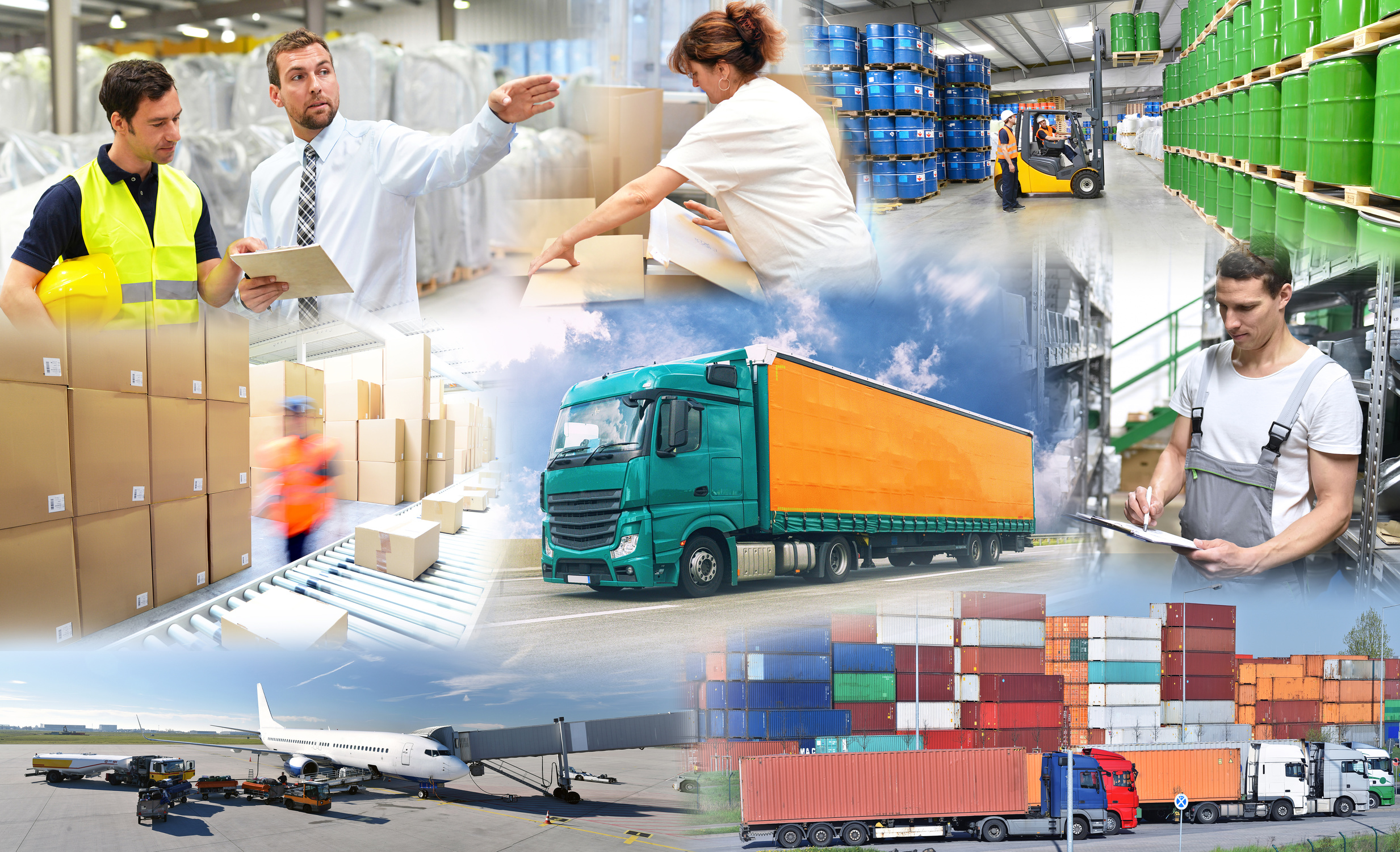 Transport und Logistik - Menschen arbeiten in der Logistikbranche // Collage Transport and logistics - people working in the logistics sector
